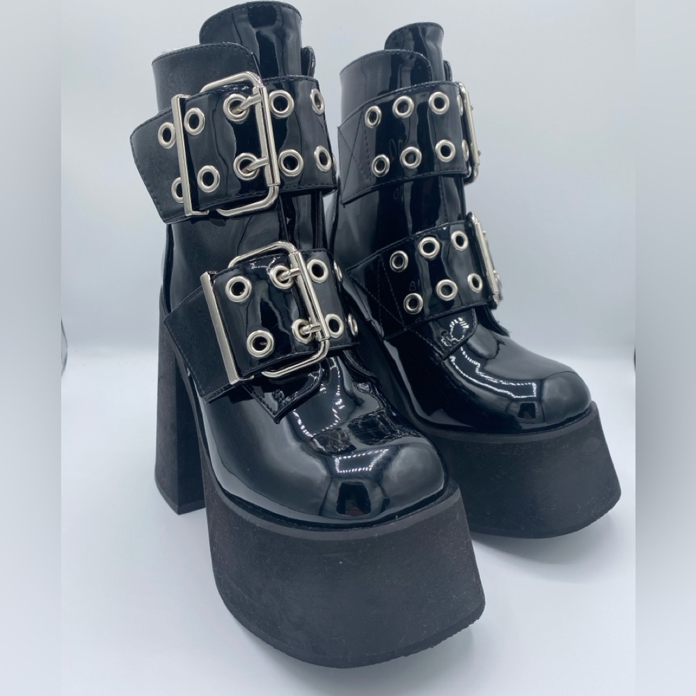 Patent Platform Combat Boots with Double Buckles - Black